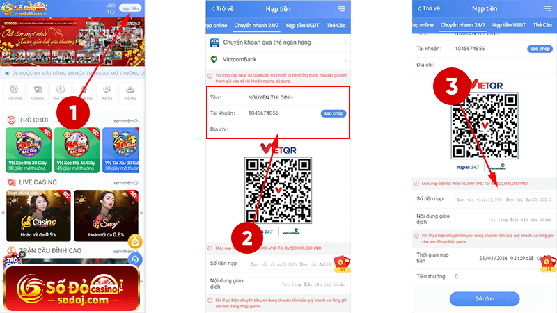 Hướng dẫn nạp tiền SODO Casino qua hình thức chuyển nhanh 24/7