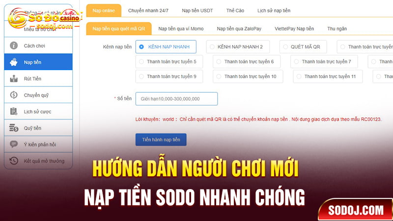 Hướng dẫn người chơi mới nạp tiền SODO nhanh chóng